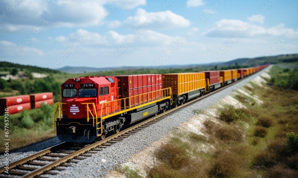 Train Journey: Vibrant Red and Yellow Train Speeding Through Scenic Railway Tracks Train Journey: Vibrant Red and Yellow Train Speeding Through Scenic Railway Tracks