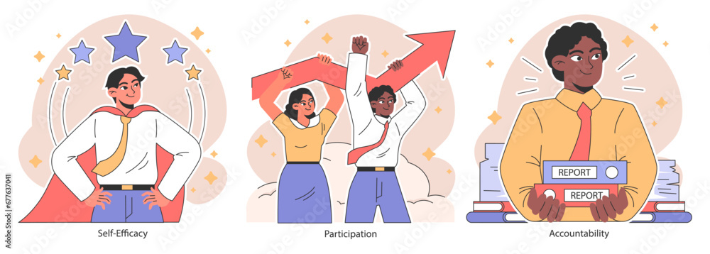 Empowerment set. Confident office employees, inclusive team collaboration. Worker autonomy in decision-making, business capacity building, task delegation. Flat vector illustration.