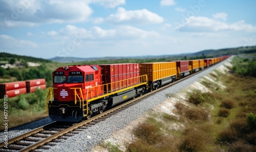 Train Journey: Vibrant Red and Yellow Train Speeding Through Scenic Railway Tracks