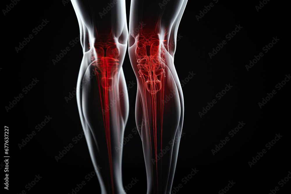 Legs of a man with knee pain in the form of an x-ray on a dark background. Tendon problems and joint inflammation. Generative AI Legs of a man with knee pain in the form of an x-ray on a dark background. Tendon problems and joint inflammation. Generative AI
