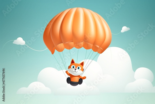 cute cat flies on a parachute
