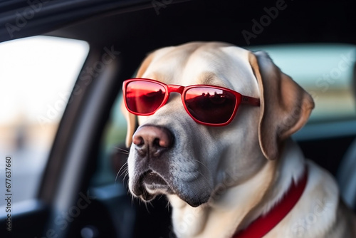 dog Labrador in sun protection glasses rides in the car