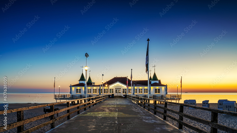 Sunrise on the pier in Ahlbeck on the Baltic Sea