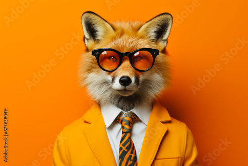 A picture of a fox dressed in a suit and wearing glasses. This image can be used to represent a clever and stylish character or to add a touch of sophistication to any project. photo