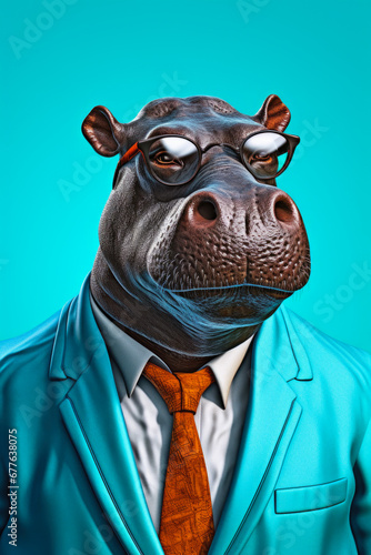 A picture of a hippo dressed in a formal suit and tie. This image can be used to depict a humorous or unexpected situation in business or formal settings