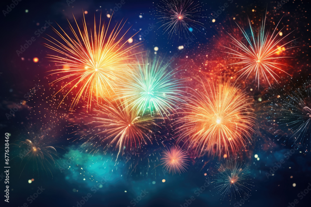 Night of celebration with beautiful colorful fireworks, night sky of festivals time, Happy new year with vivid firework exploding background, abstract anniversary with pyrotechnics scene.
