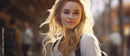 The woman with her light summer hair walked down the street radiating a white glow of health and beauty people couldn t help but notice the happy and cute portrait she presented as a studen photo