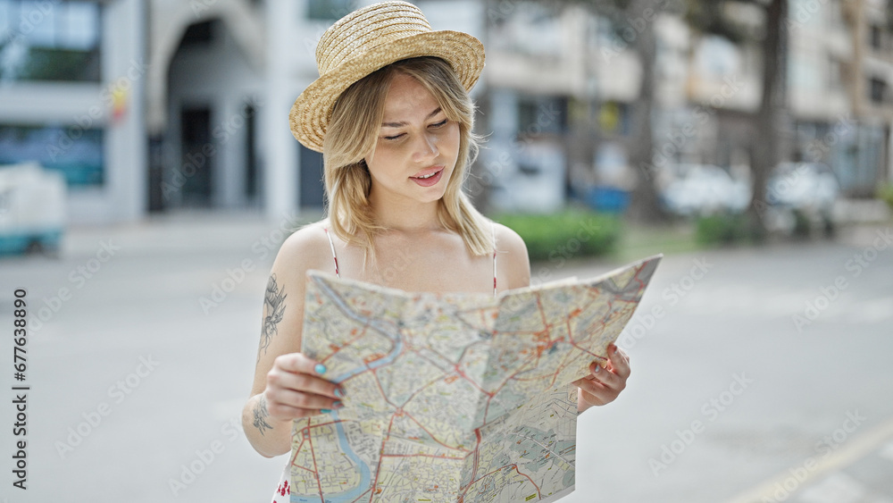 Young blonde woman tourist looking city map at street