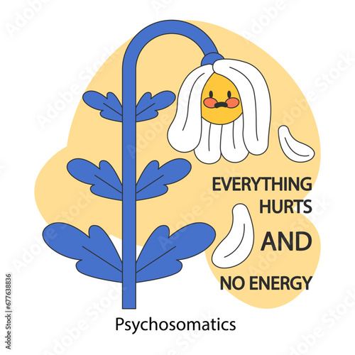 Psychosomatics. Neurosis, chronic stress and anxiety mental disorder. Sad flower suffering from pain and low energy. Flat vector illustration