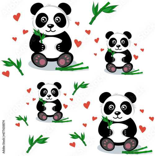 Fototapeta Naklejka Na Ścianę i Meble -  Patern cheerful panda character with bamboo and hearts