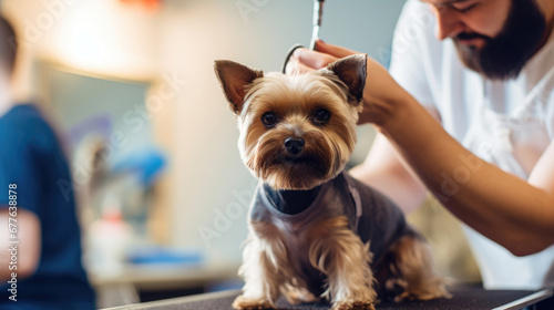 A dog groomer grooming a dog as part of their pet grooming side hustle