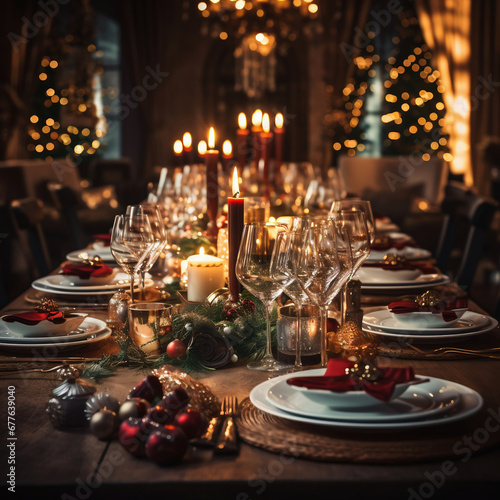 Beautiful Christmas table setting with candles and fruits  selective focus.