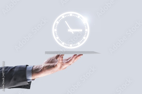 Doctor hands holding time clock icon service concept