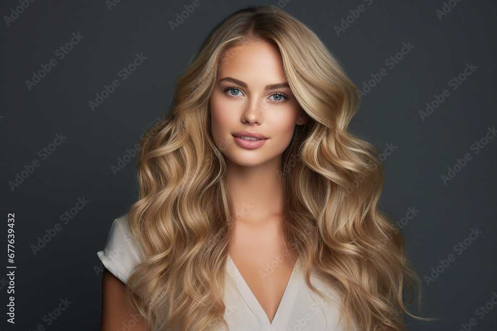 Generative AI portrait illustration of attractive young model woman after salon hairstyle coloring brilliant blond Generative AI portrait illustration of attractive young model woman after salon hairstyle coloring brilliant blond