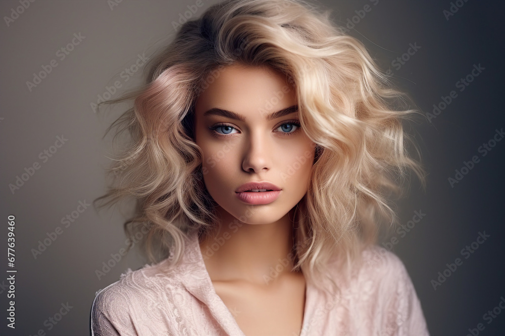 Generative AI portrait illustration of attractive young model woman after salon hairstyle coloring brilliant blond