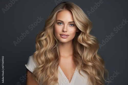 Generative AI portrait illustration of attractive young model woman after salon hairstyle coloring brilliant blond