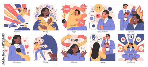 Overcoming fears set. Characters confronting fears with desensitization  reframing and exposure strategy. Psychological resilience with affirmations and visualization therapy. Flat vector illustration