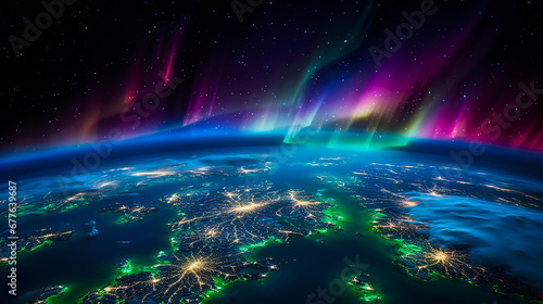 Northern Lights  a view from space. Multicolored iridescent waves. A rare fascinating natural phenomenon.