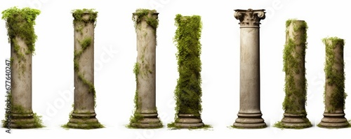 Canvas Print set of antique columns, collection of overgrown pillars isolated on white backgr