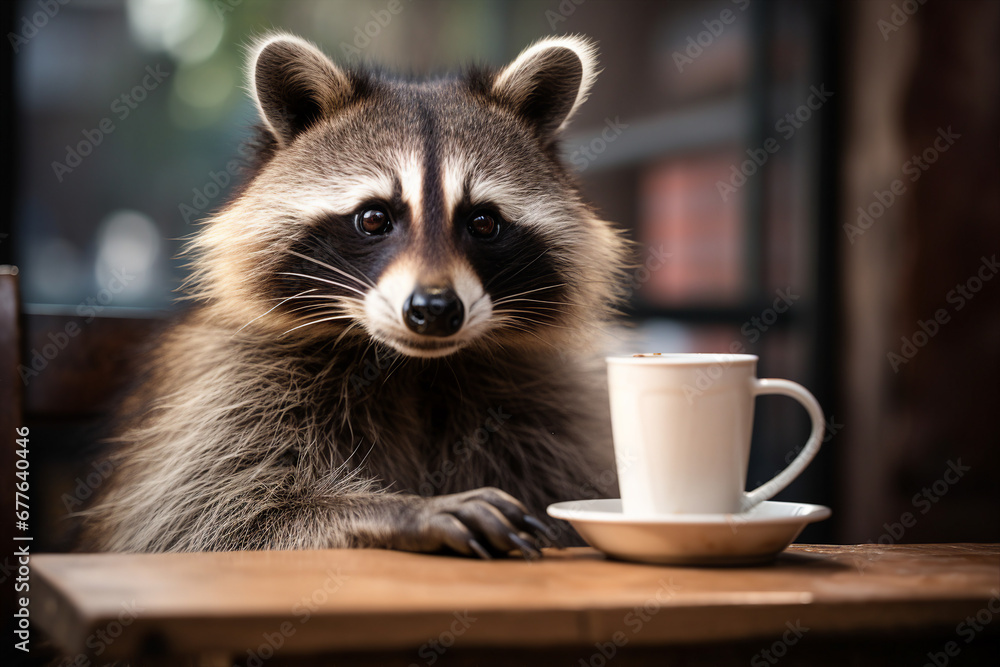Humorous raccoon with his morning coffee sitting table in city cafeteria Generative AI - obrazy, fototapety, plakaty 
