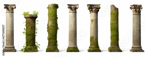 set of antique columns, collection of overgrown pillars isolated on white background, Generative AI photo