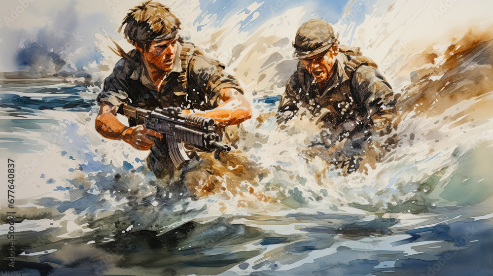 Naklejka premium Two soldiers with guns in the water, digital painting, illustration. Soldiers in action on the battlefield. Watercolor painting style.
