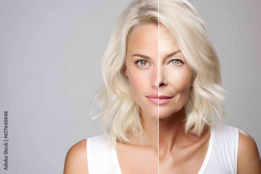 Photo comparison of young and senior beauty face
