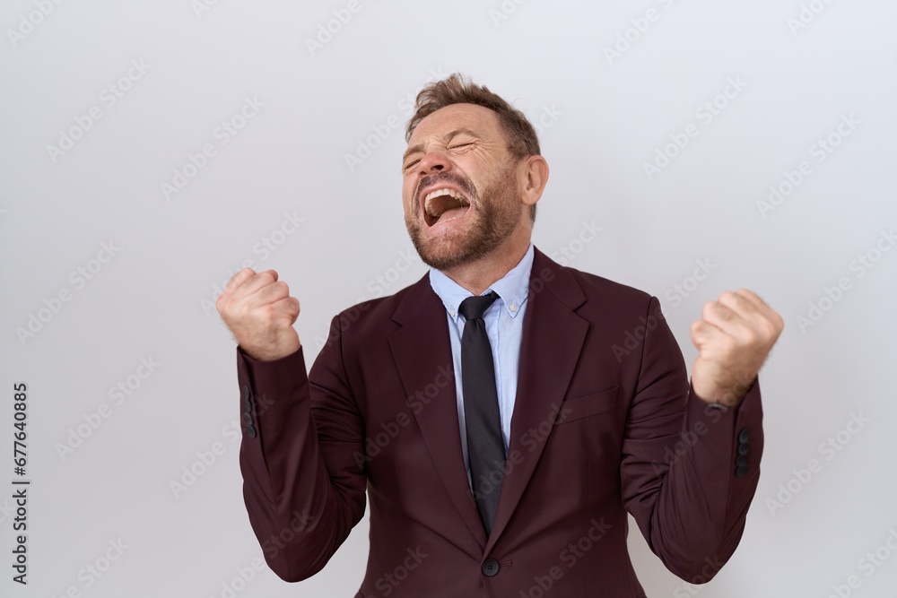 Middle age business man with beard wearing suit and tie celebrating surprised and amazed for success with arms raised and eyes closed. winner concept. Middle age business man with beard wearing suit and tie celebrating surprised and amazed for success with arms raised and eyes closed. winner concept.