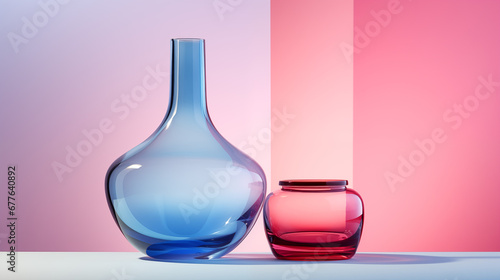 Product mockup background. Abstract vase and bottle shapes of colored transparent glass shapes for product display mockup. Bright color mock up podium background for perfume or cosmetic products, pink