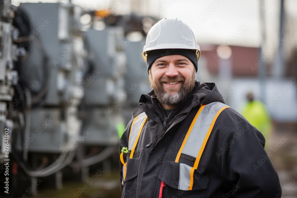 Photo of electrician worker and electric transformer behind. Photo of electrician worker and electric transformer behind.