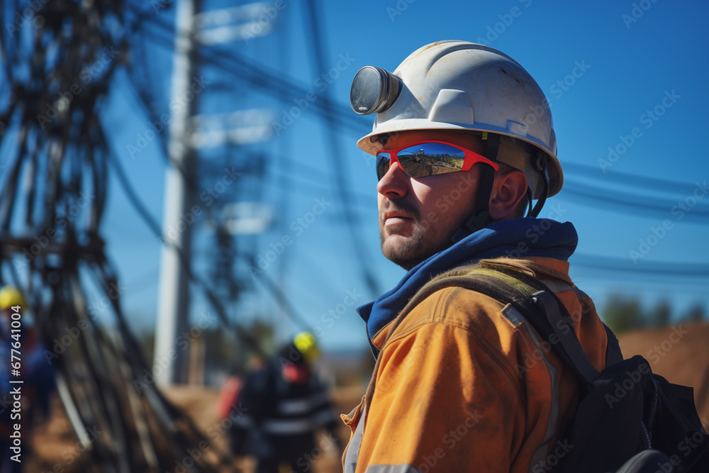 Photo of electrician worker and electric transformer behind. Photo of electrician worker and electric transformer behind.
