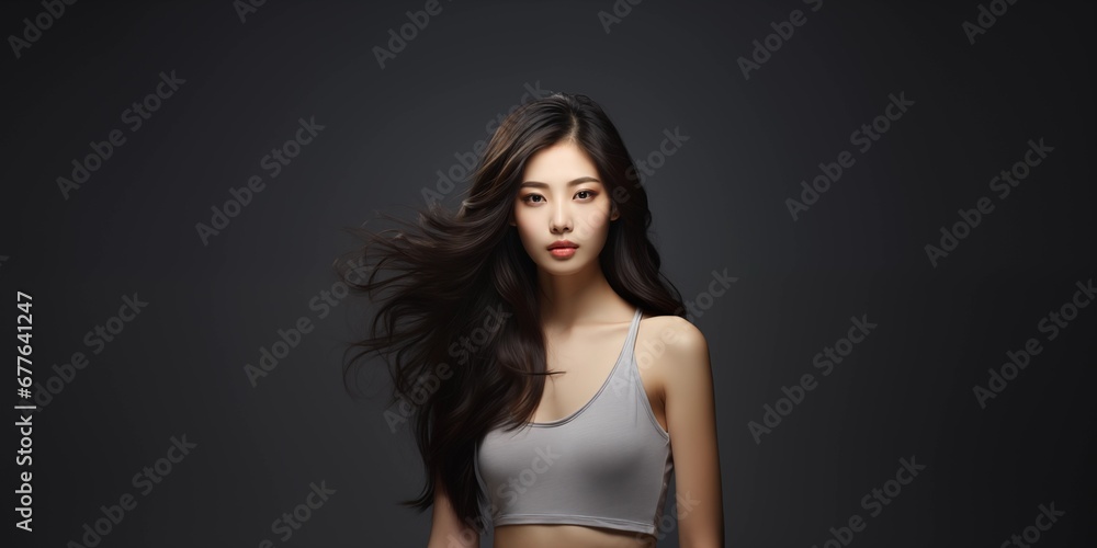 Portrait of beautiful young asian woman with long dark hair and light porcelain skin isolated on light grey background Portrait of beautiful young asian woman with long dark hair and light porcelain skin isolated on light grey background