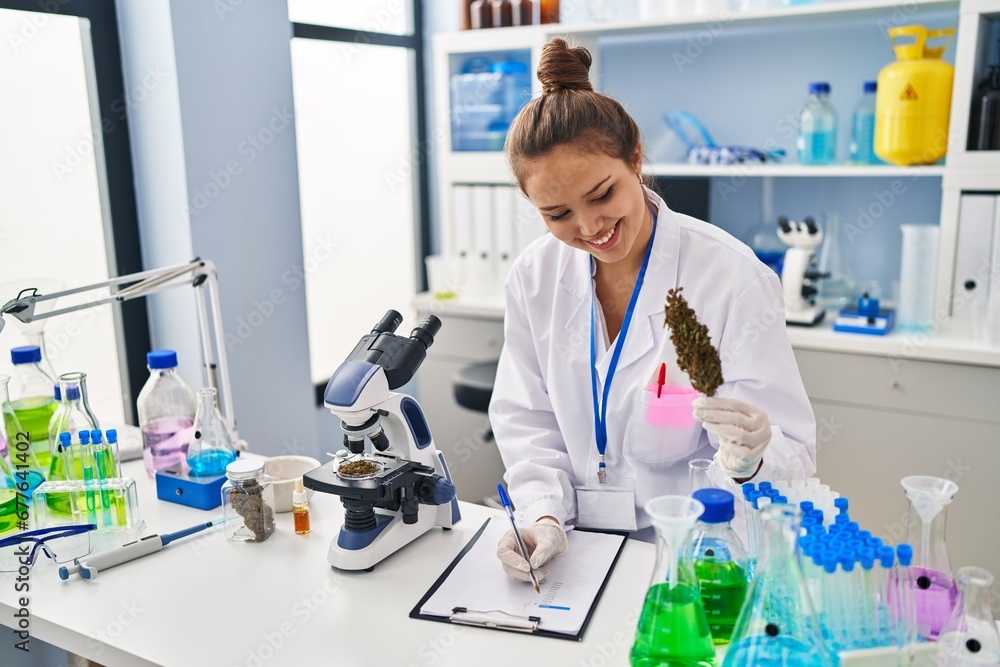 Young beautiful hispanic woman scientist writing report holding marijuana at laboratory Young beautiful hispanic woman scientist writing report holding marijuana at laboratory