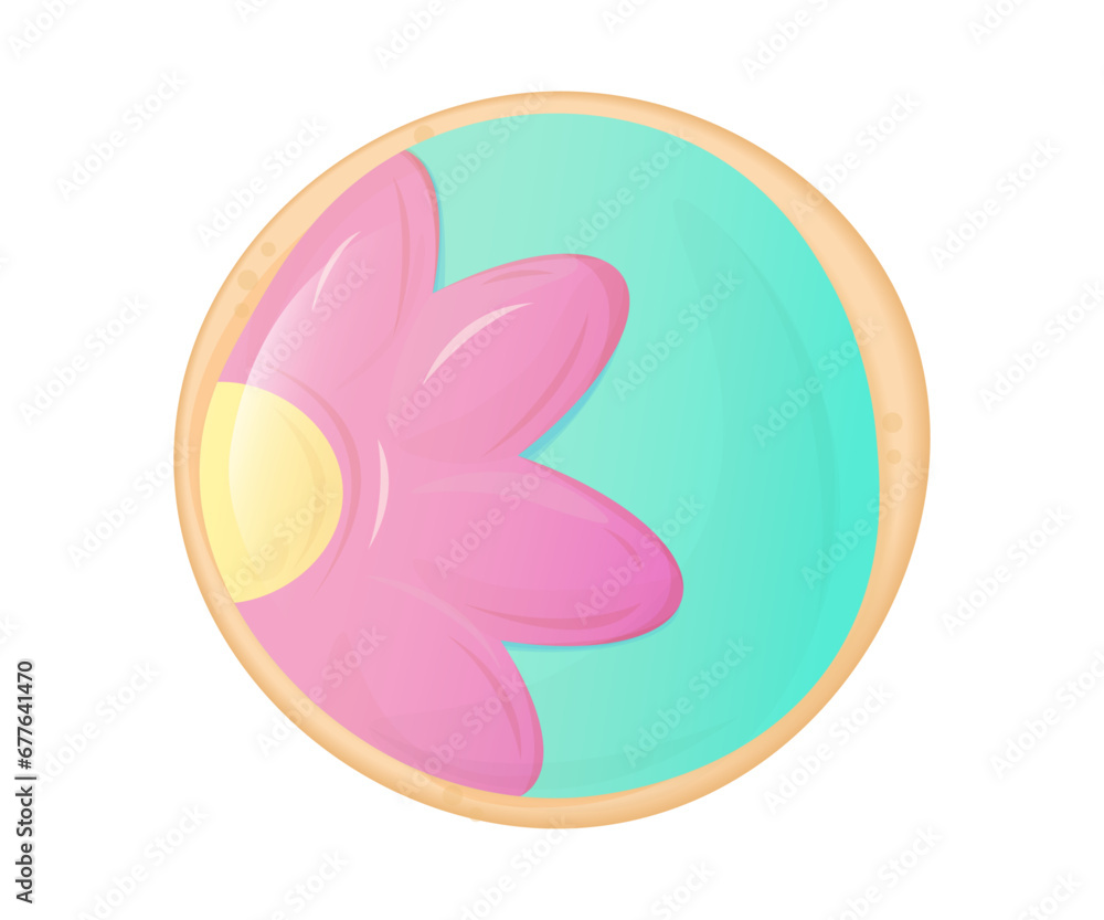 Tender round cookie with royal icing in pastel colors with a painted pink flower