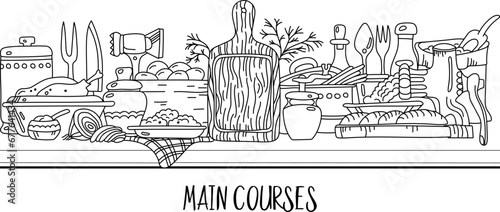 Horizontal banner with meat dishes and kitchen utensils for menu or cookbook decoration. Vector illustration on transparent background