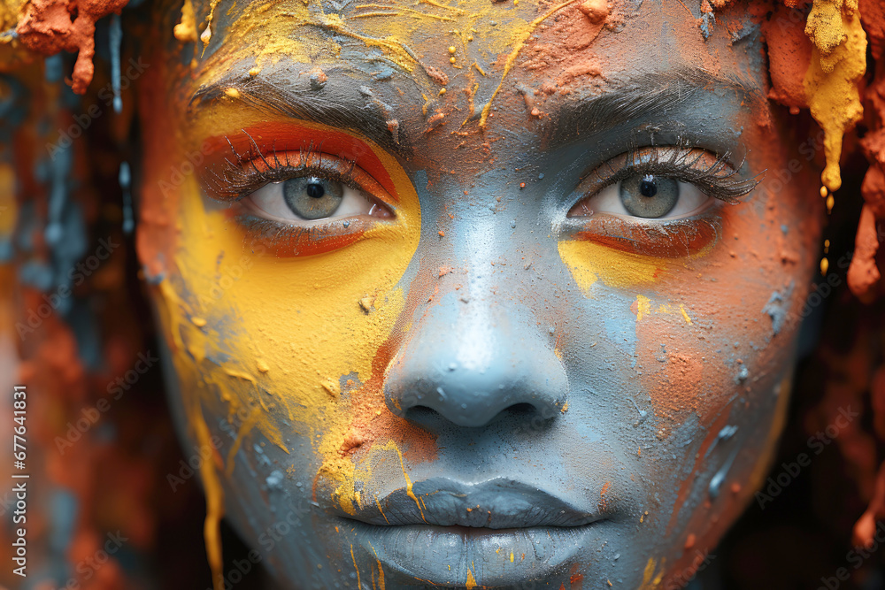 Close-up portrait of a beautiful young woman wearing multi-colored powder paint. Holi holiday