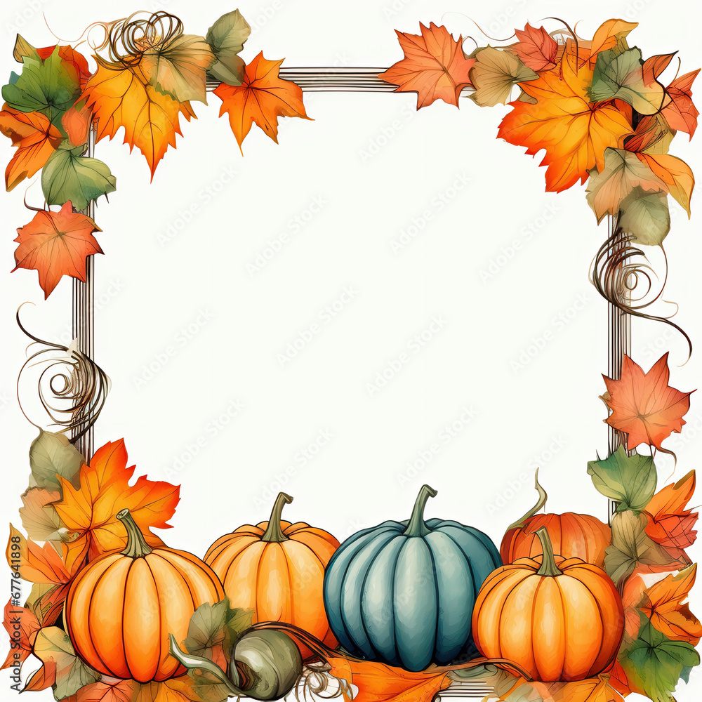Fototapeta premium Autumn frame with pumpkins and leaves isolated on white background.