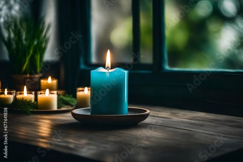 blue and green candle burning next to a curtain and window
