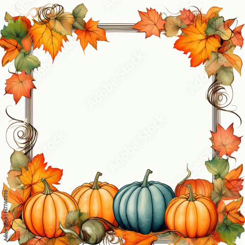 Autumn frame with pumpkins and leaves isolated on white background.