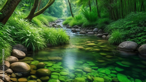 Foto water flow in the forest with beautiful green