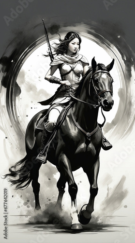 Watercolor brush art image of a young woman riding a horse and armed with archer.