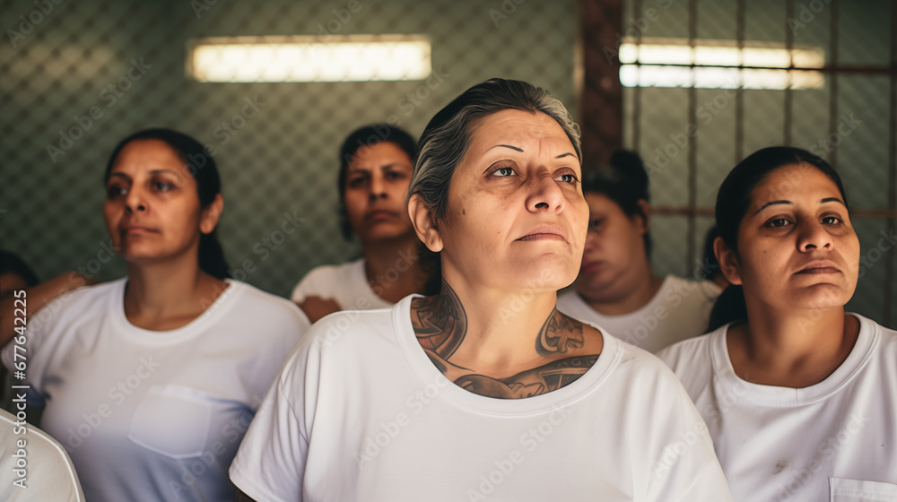 Side View of Women with Tattoos in White Uniforms in Institutional Setting