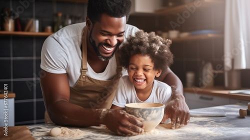 Happy African family cooking bakery in the kitchen together at home. Father and son.