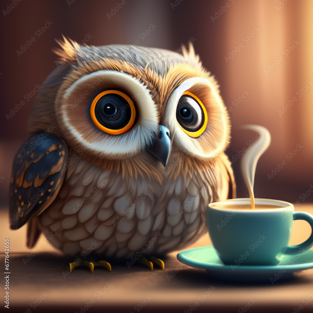 Naklejka premium Cute owl on the table drinking coffee