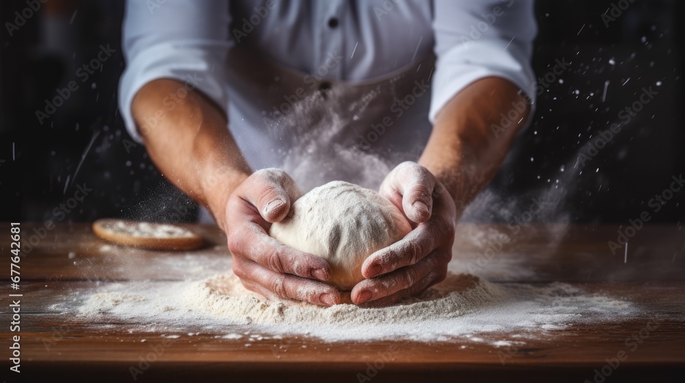 Close up of baker hands clapping and sprinkling white flour to preparing dough in bakery kitchen. Close up of baker hands clapping and sprinkling white flour to preparing dough in bakery kitchen.