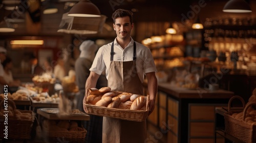 Male baker holding basket with fresh bread in bakery shop.