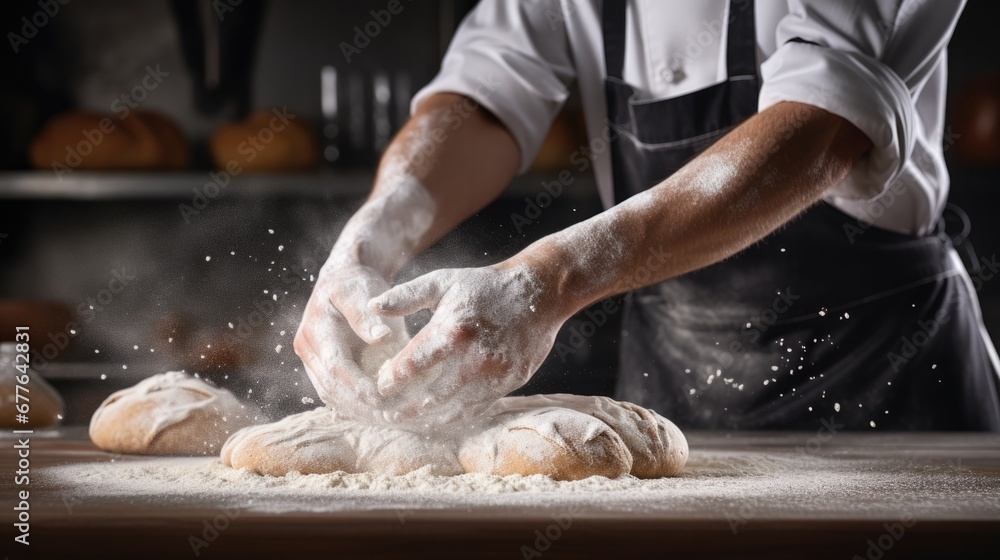 Close up of baker hands clapping and sprinkling white flour to preparing dough in bakery kitchen.