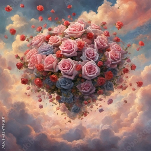 a floating bouquet of roses in the clouds, romantic, glorious, beautiful, detaoled, high resolution