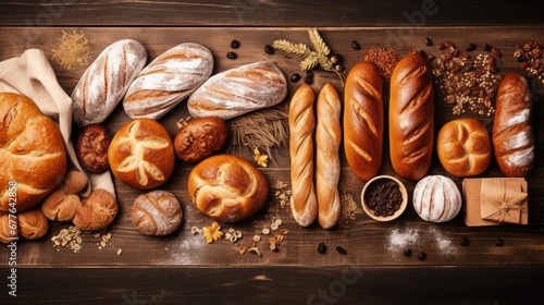 Fresh fragrant breads on wooden table. Variety of baked products at a bakery. Bakery food concept.