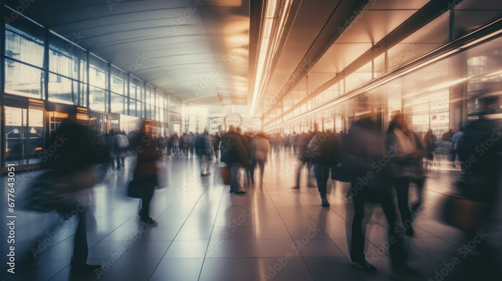 Blurred figures moving through a brightly lit transit space in airport